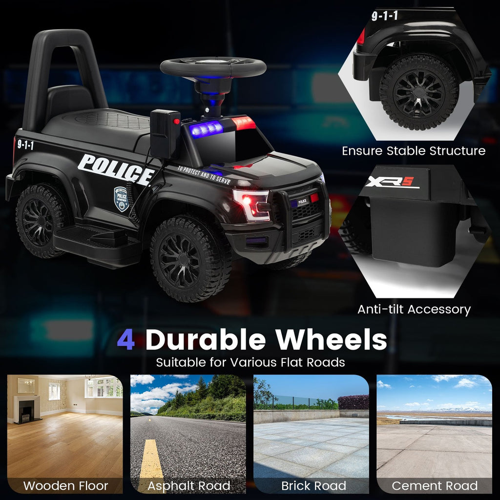 6V-Polizeiauto zum Draufsitzen für Kinder mit funktionierendem Megafon, Sirene und Blinklichtern, Schwarz