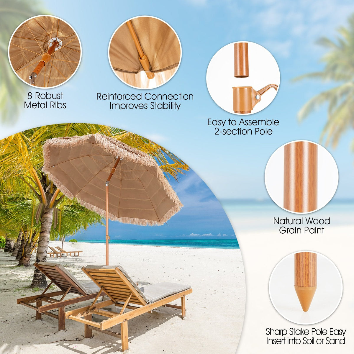 7,2 Fuß großer strohgedeckter Tiki-Terrassen- und Strandschirm im hawaiianischen Hula-Stil