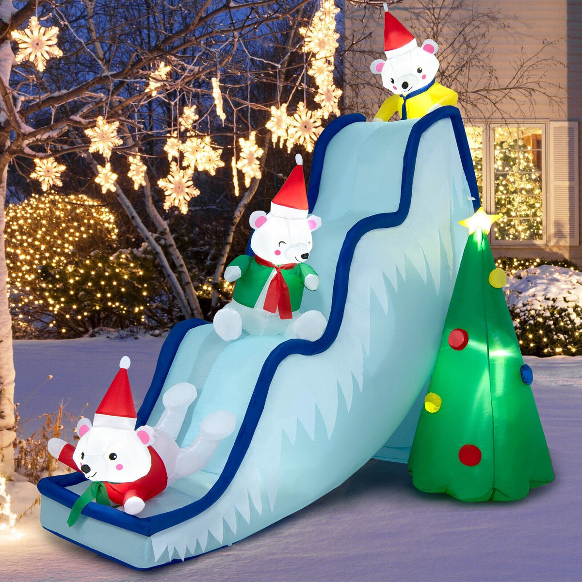 Décoration gonflable de scène ours polaire avec toboggan de 9 pieds et lumières LED