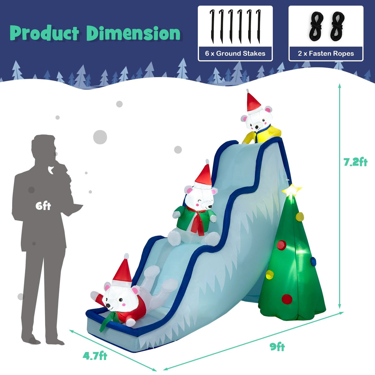Décoration gonflable de scène ours polaire avec toboggan de 9 pieds et lumières LED