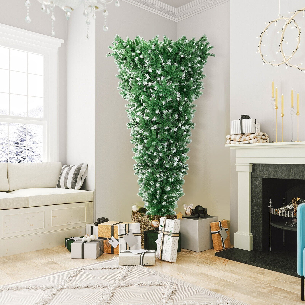 Árbol de Navidad invertido con luces integradas de 2,3 m, efecto nevado, 1100 ramas, 400 luces LED de color blanco cálido y 8 modos