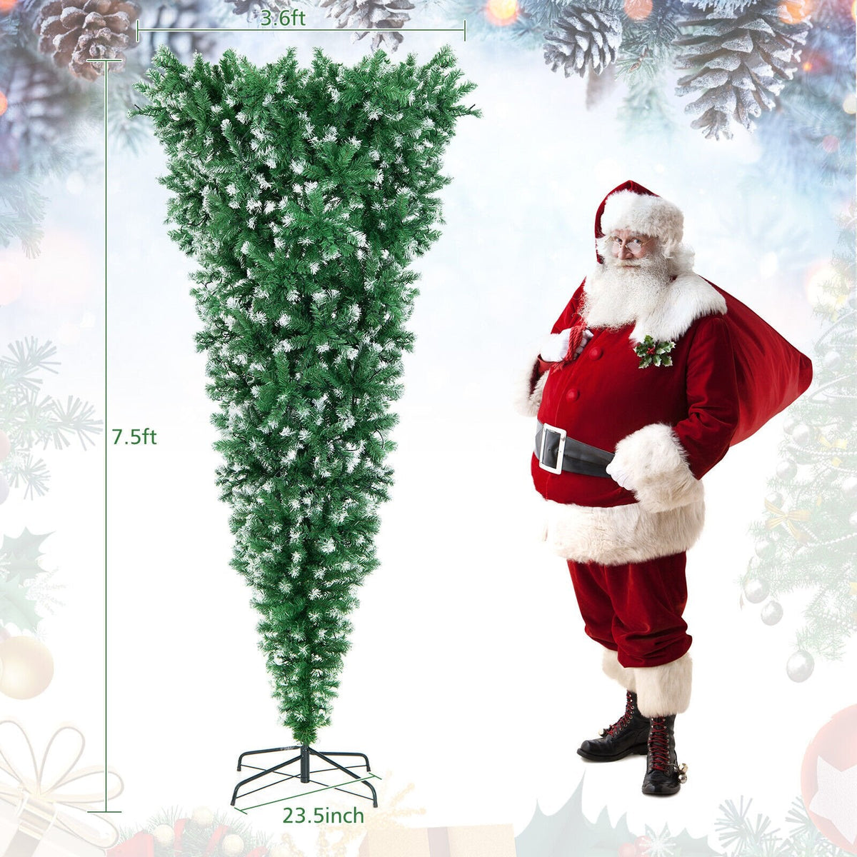 Árbol de Navidad invertido con luces integradas de 2,3 m, efecto nevado, 1100 ramas, 400 luces LED de color blanco cálido y 8 modos