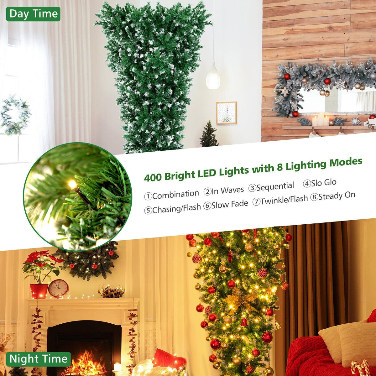 Árbol de Navidad invertido con luces integradas de 2,3 m, efecto nevado, 1100 ramas, 400 luces LED de color blanco cálido y 8 modos