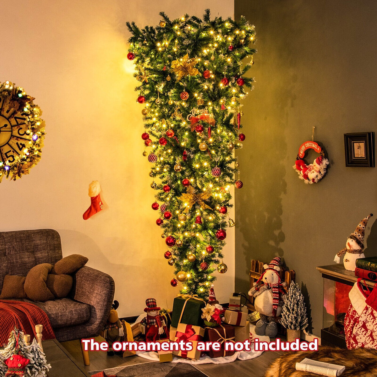 Árbol de Navidad invertido con luces integradas de 2,3 m, efecto nevado, 1100 ramas, 400 luces LED de color blanco cálido y 8 modos