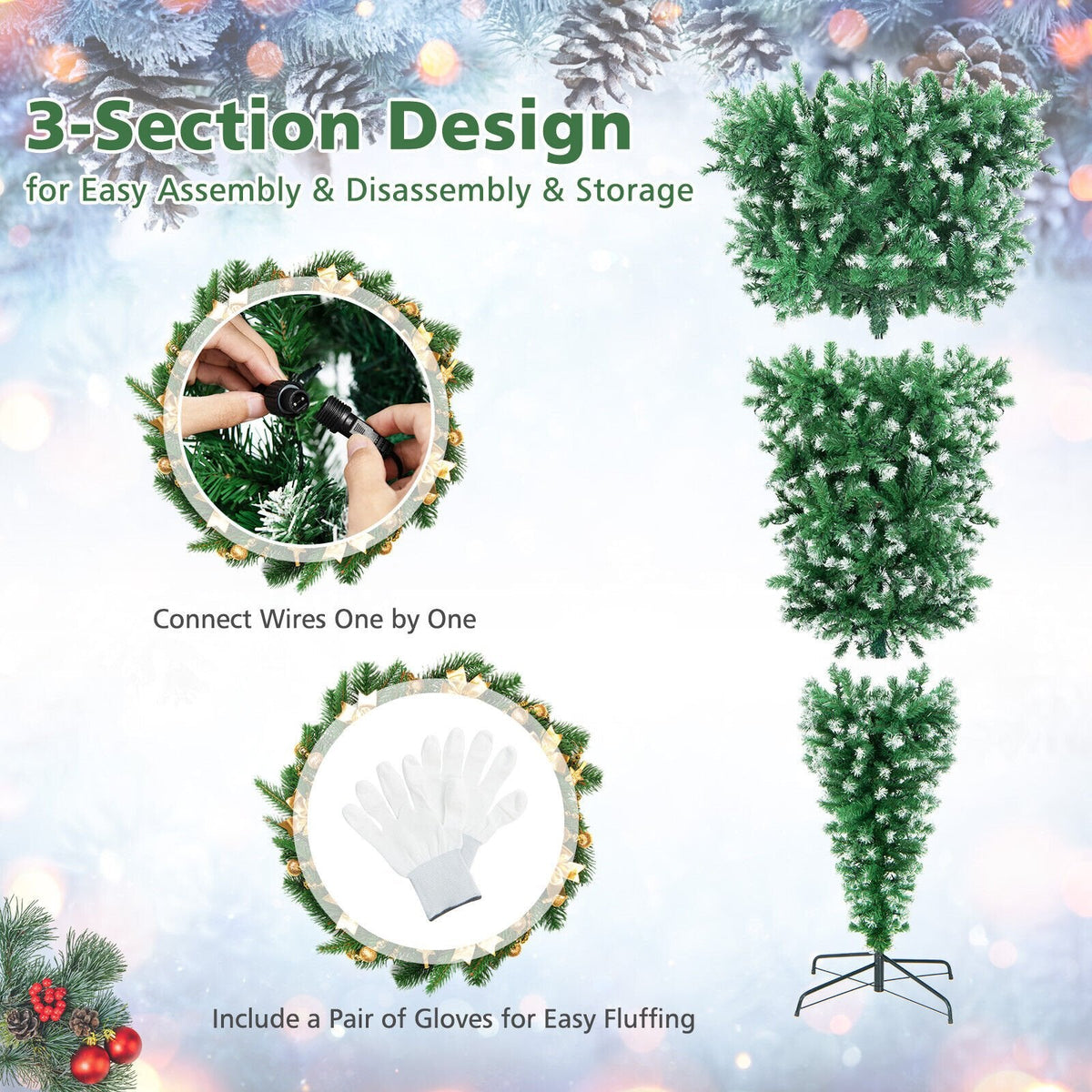 Árbol de Navidad invertido con luces integradas de 2,3 m, efecto nevado, 1100 ramas, 400 luces LED de color blanco cálido y 8 modos