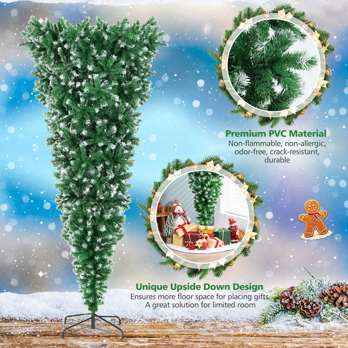 Árbol de Navidad invertido con luces integradas de 2,3 m, efecto nevado, 1100 ramas, 400 luces LED de color blanco cálido y 8 modos