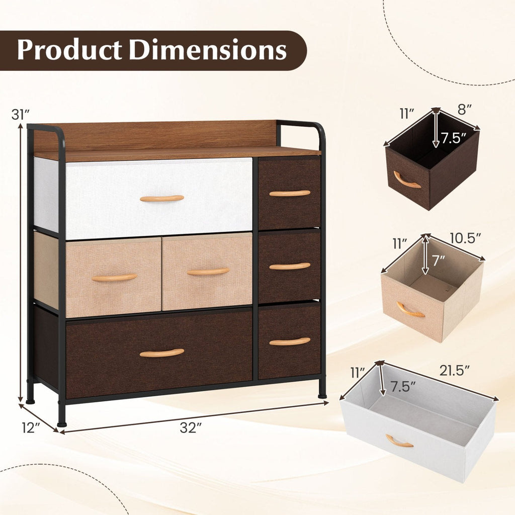 7 Drawer Tower Steel Frame and Wooden Top Dresser Storage Chest for Bedroom