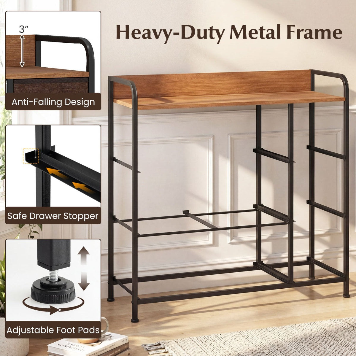 7 Drawer Tower Steel Frame and Wooden Top Dresser Storage Chest for Bedroom