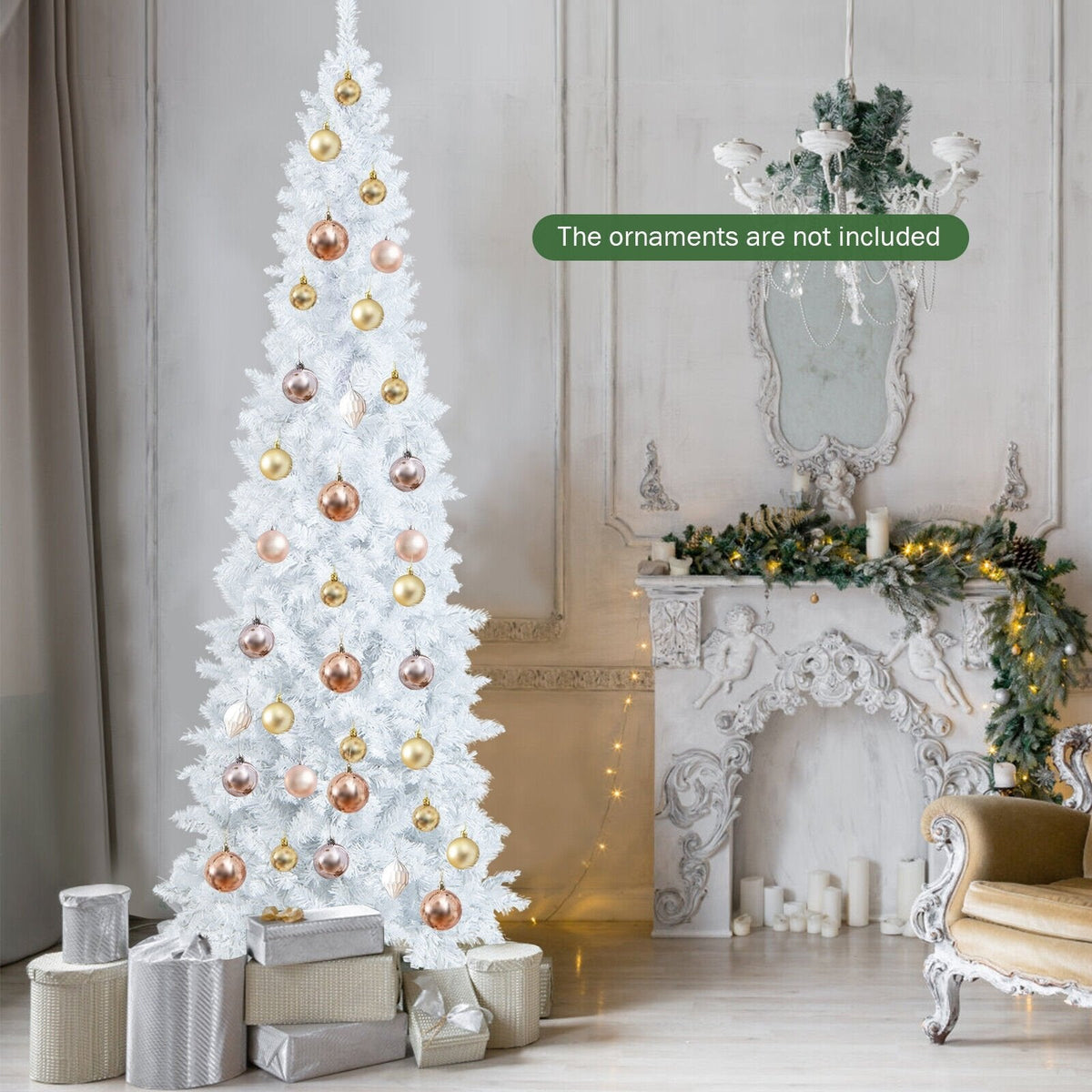7 Fuß hoher weißer, beleuchteter Stab-Weihnachtsbaum, mit Scharnier, 800 Nadelspitzen, 300 warmweißen LEDs und 8 Blinkmodi