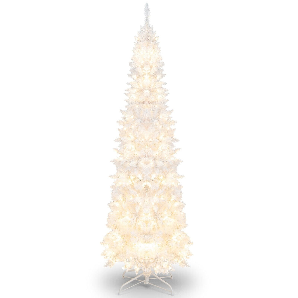 7 Fuß hoher weißer, beleuchteter Stab-Weihnachtsbaum, mit Scharnier, 800 Nadelspitzen, 300 warmweißen LEDs und 8 Blinkmodi