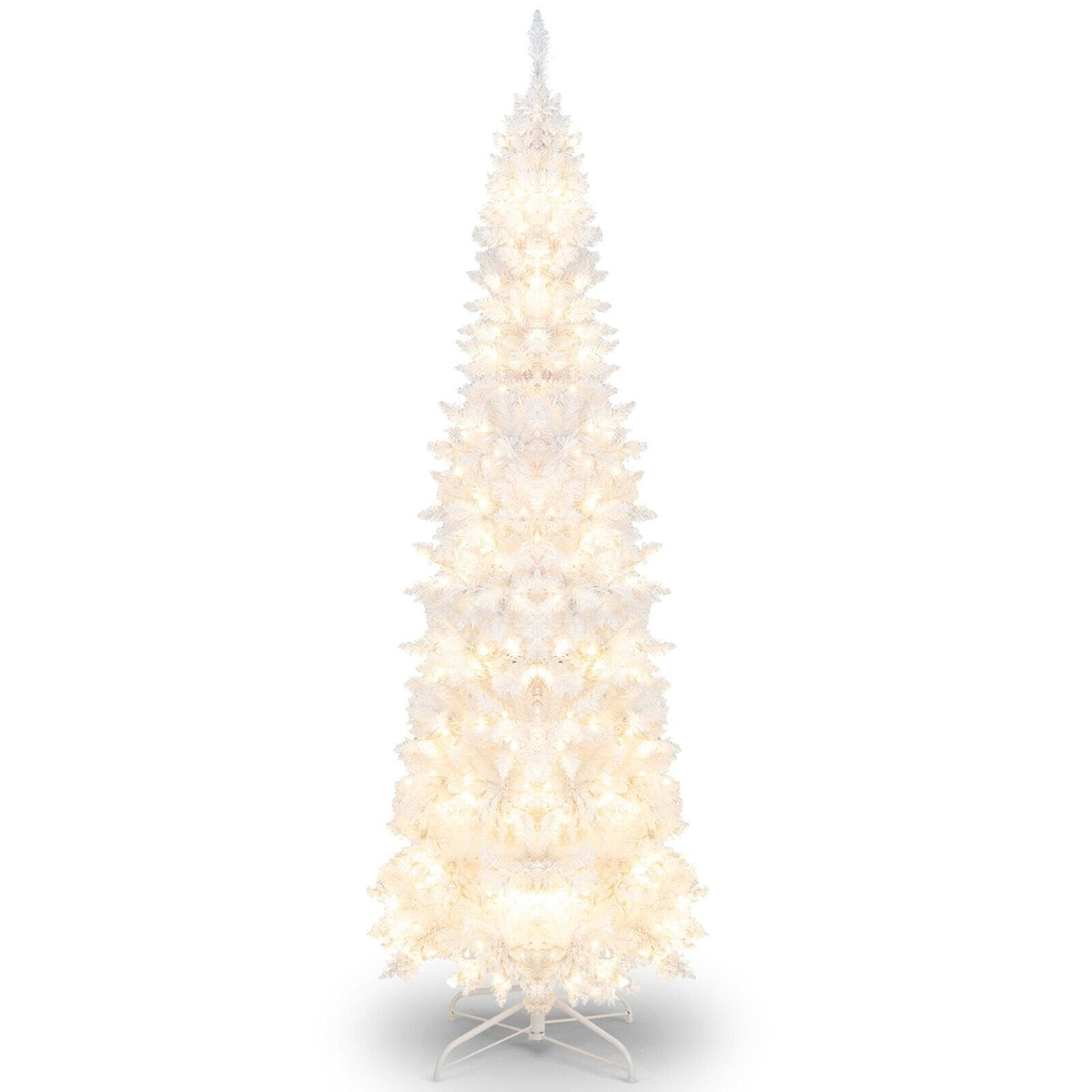 7 Fuß hoher weißer, beleuchteter Stab-Weihnachtsbaum, mit Scharnier, 800 Nadelspitzen, 300 warmweißen LEDs und 8 Blinkmodi