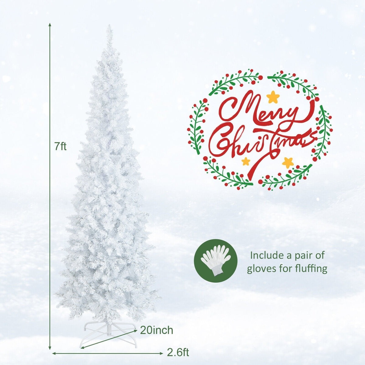 7 Fuß hoher weißer, beleuchteter Stab-Weihnachtsbaum, mit Scharnier, 800 Nadelspitzen, 300 warmweißen LEDs und 8 Blinkmodi