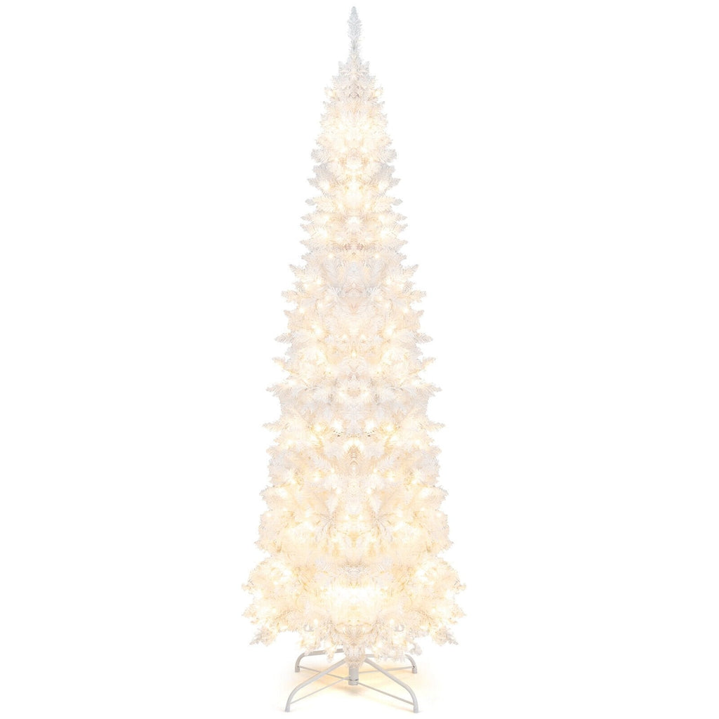 7 Fuß hoher weißer, beleuchteter Stab-Weihnachtsbaum, mit Scharnier, 800 Nadelspitzen, 300 warmweißen LEDs und 8 Blinkmodi