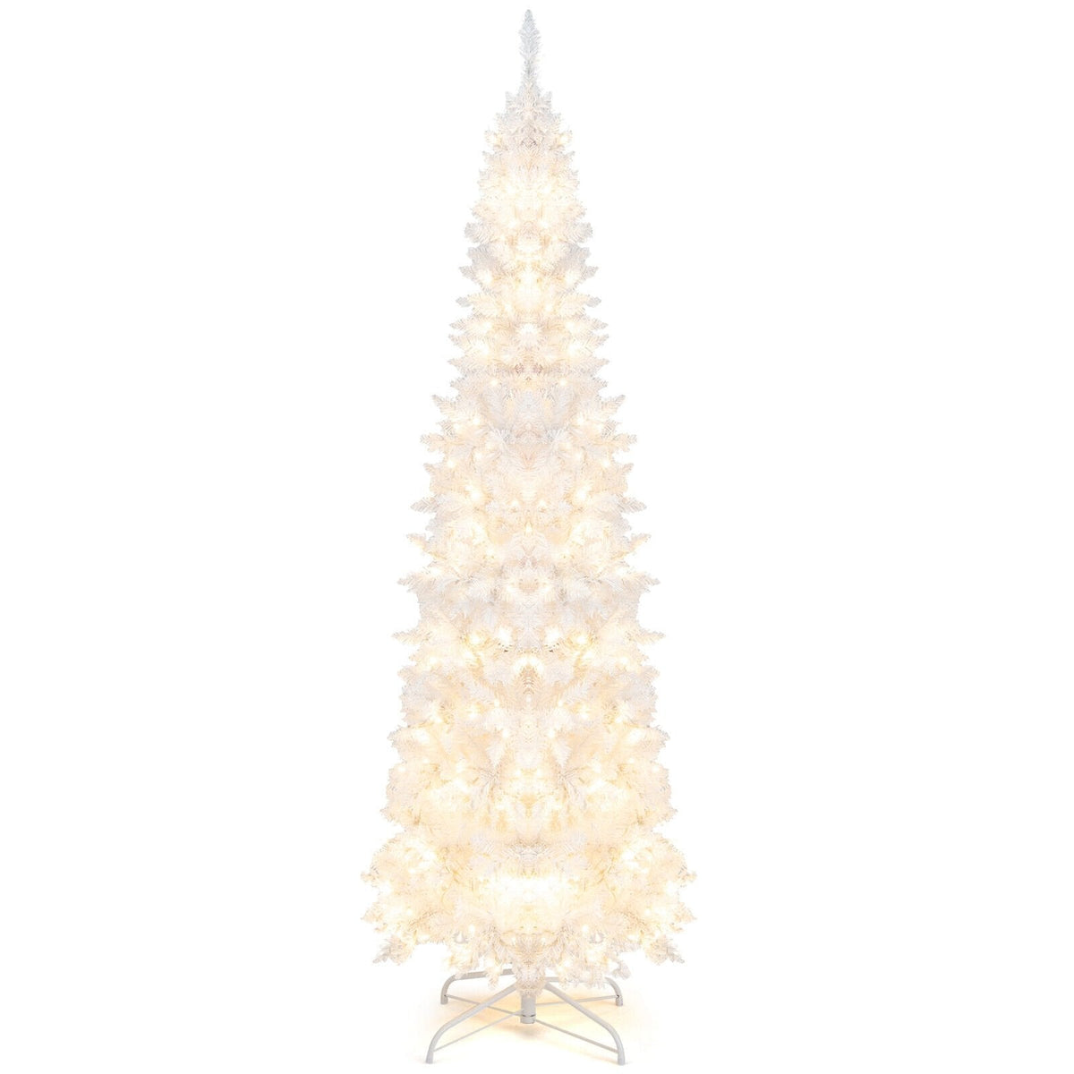 7 Fuß hoher weißer, beleuchteter Stab-Weihnachtsbaum, mit Scharnier, 800 Nadelspitzen, 300 warmweißen LEDs und 8 Blinkmodi