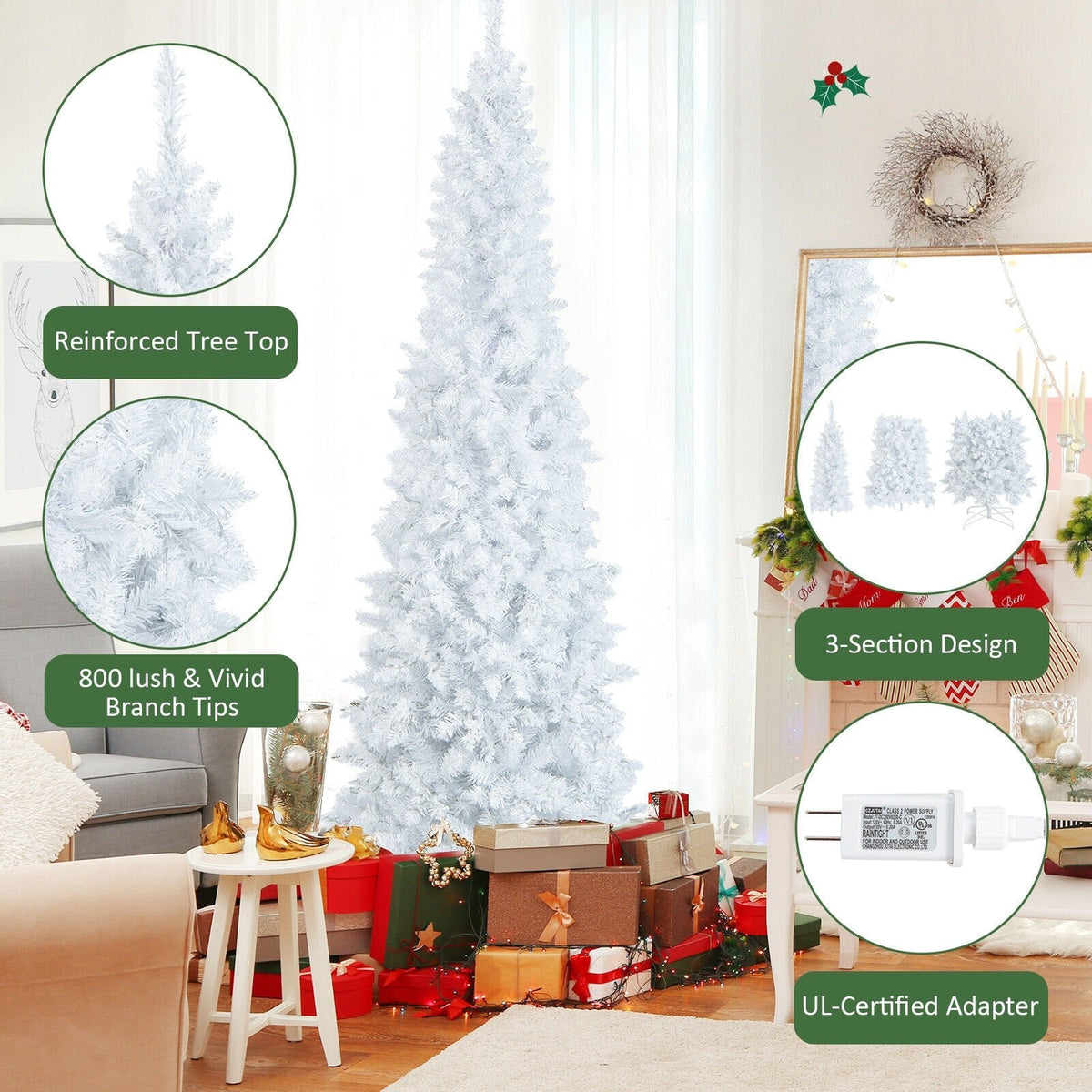 7 Fuß hoher weißer, beleuchteter Stab-Weihnachtsbaum, mit Scharnier, 800 Nadelspitzen, 300 warmweißen LEDs und 8 Blinkmodi