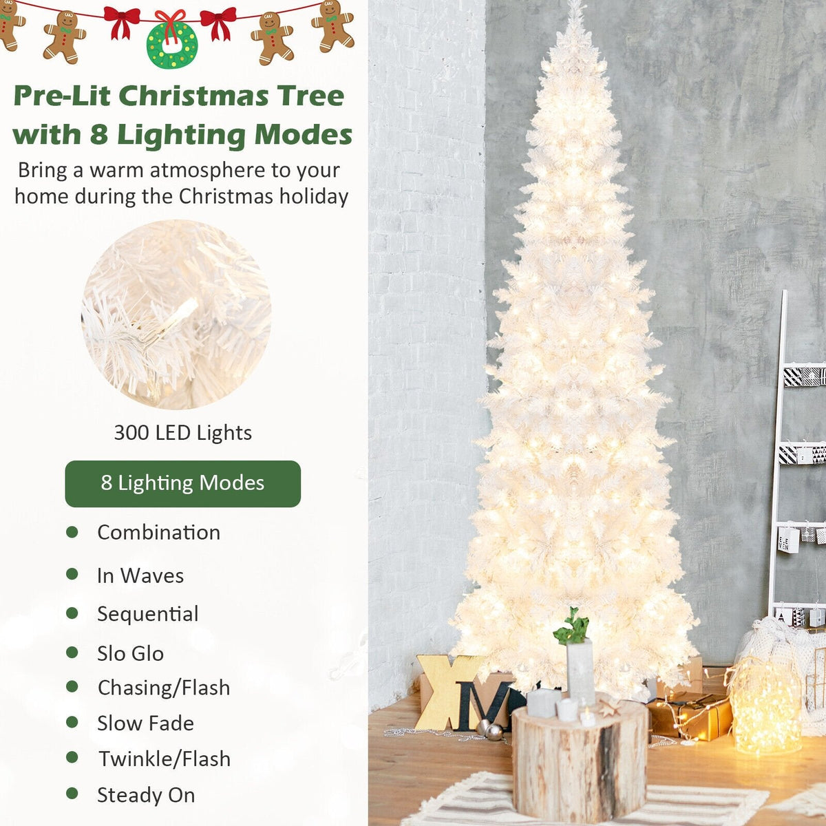 7 Fuß hoher weißer, beleuchteter Stab-Weihnachtsbaum, mit Scharnier, 800 Nadelspitzen, 300 warmweißen LEDs und 8 Blinkmodi