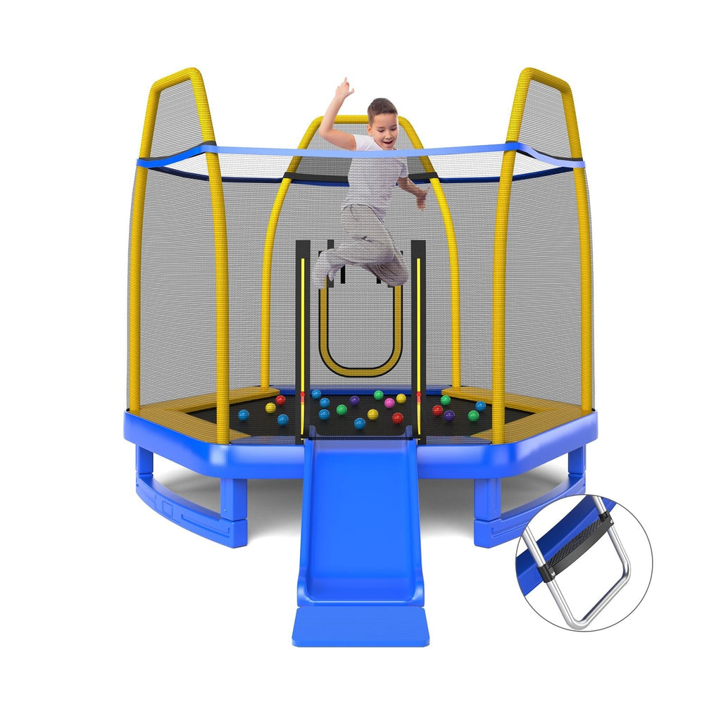 Trampolín de 7 pies con escalera y tobogán para interior y exterior-Azul