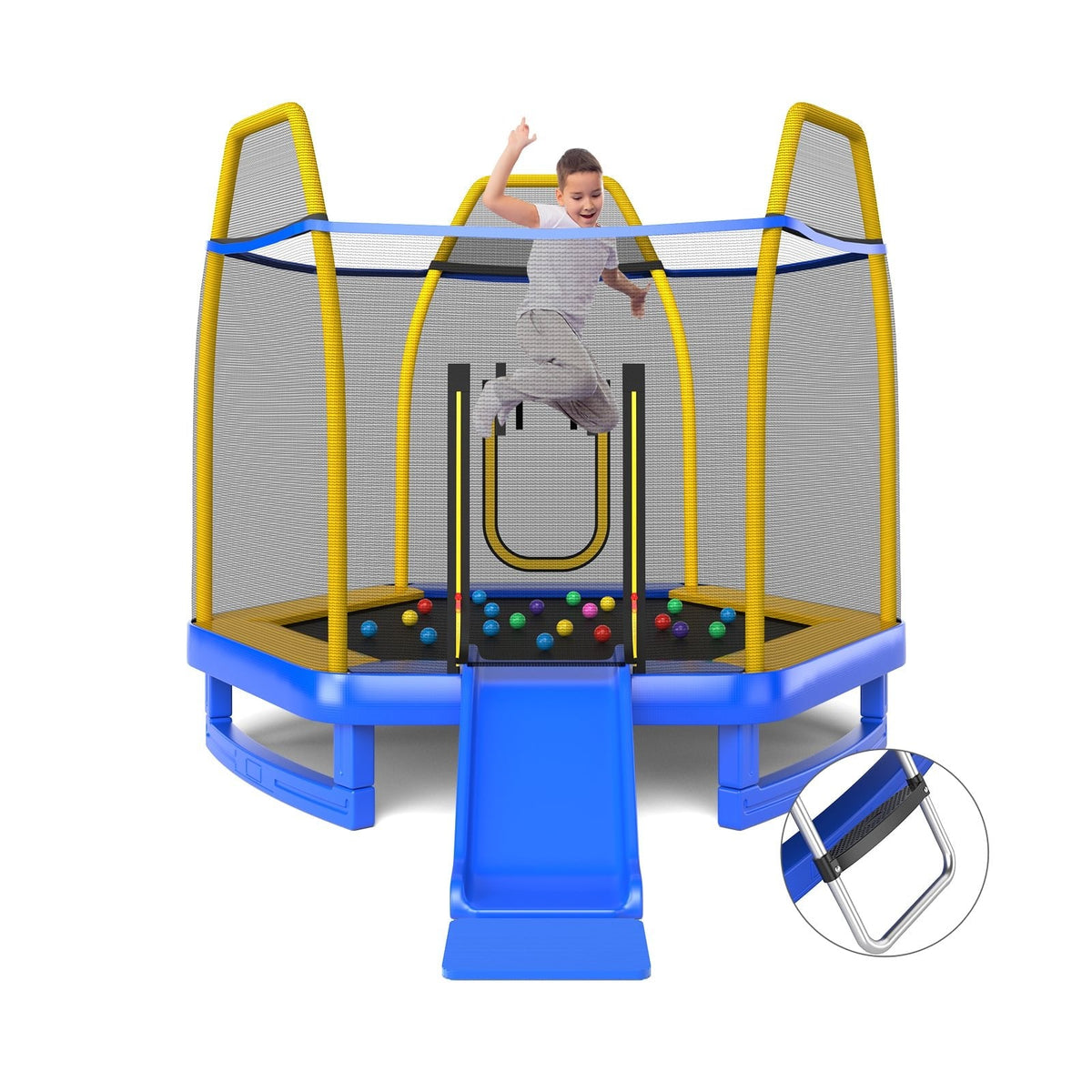 Trampolín de 7 pies con escalera y tobogán para interior y exterior-Azul