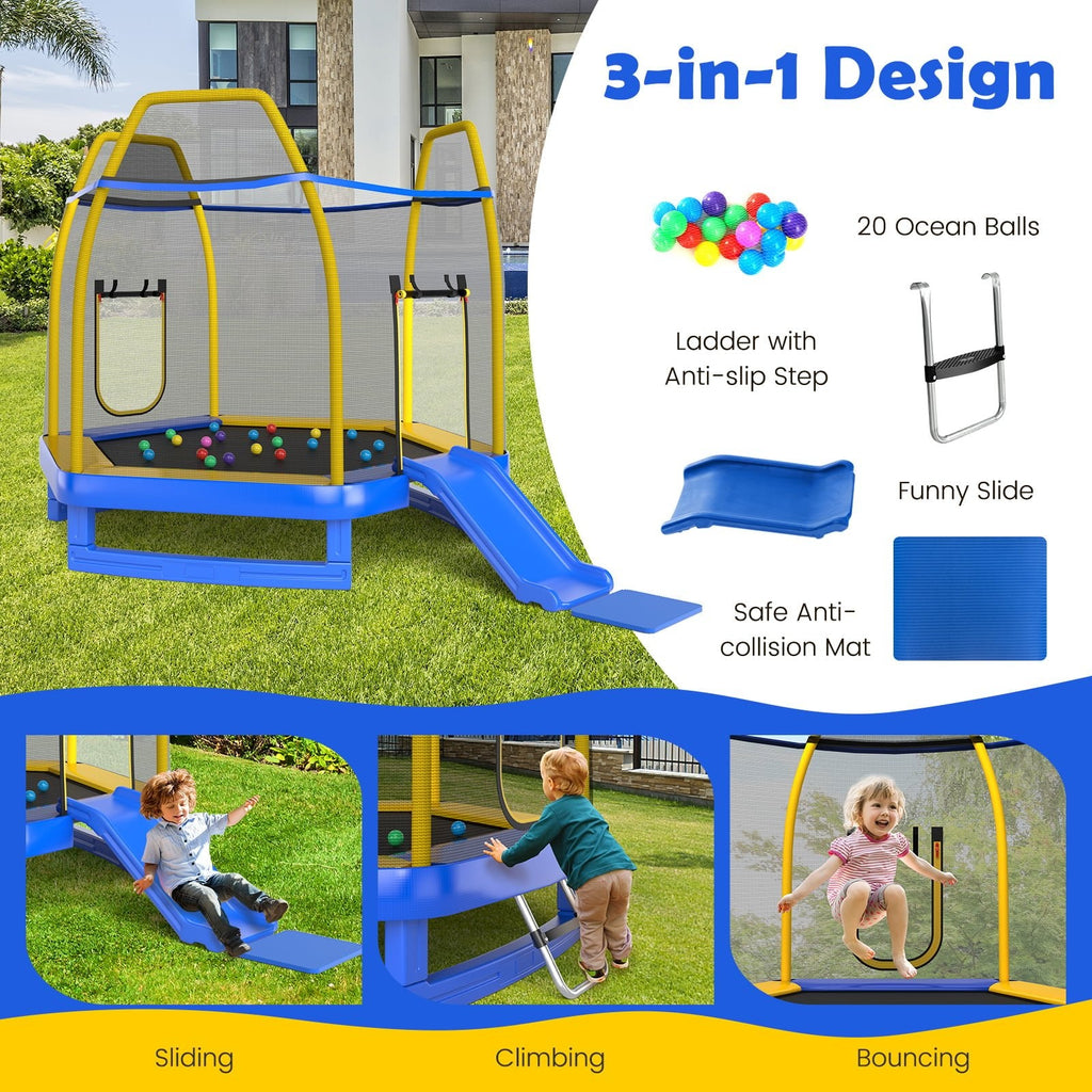 Trampolín de 7 pies con escalera y tobogán para interior y exterior-Azul