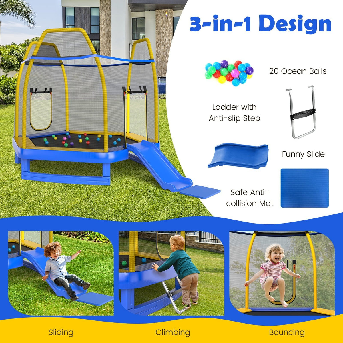 Trampolín de 7 pies con escalera y tobogán para interior y exterior-Azul