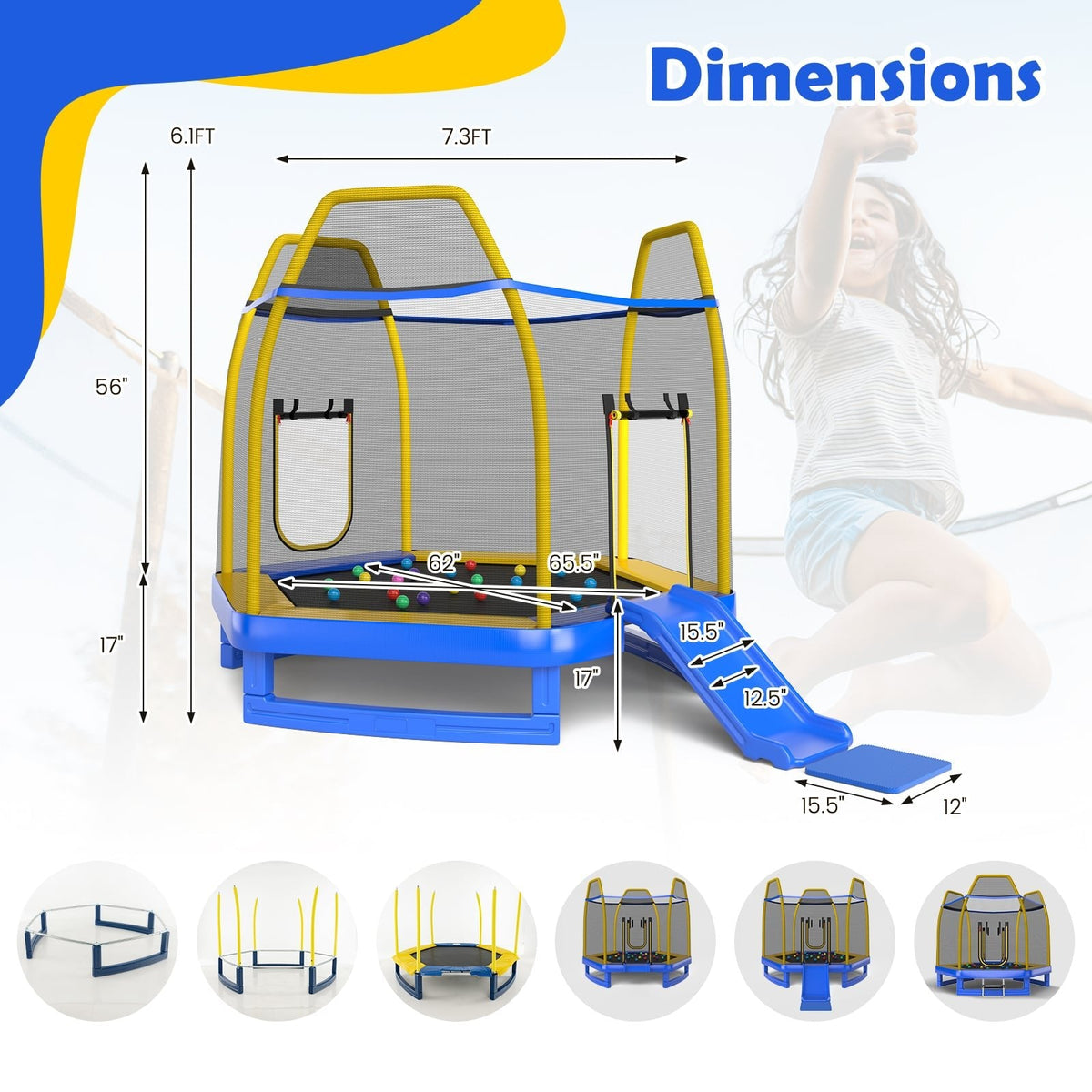 Trampolín de 7 pies con escalera y tobogán para interior y exterior-Azul