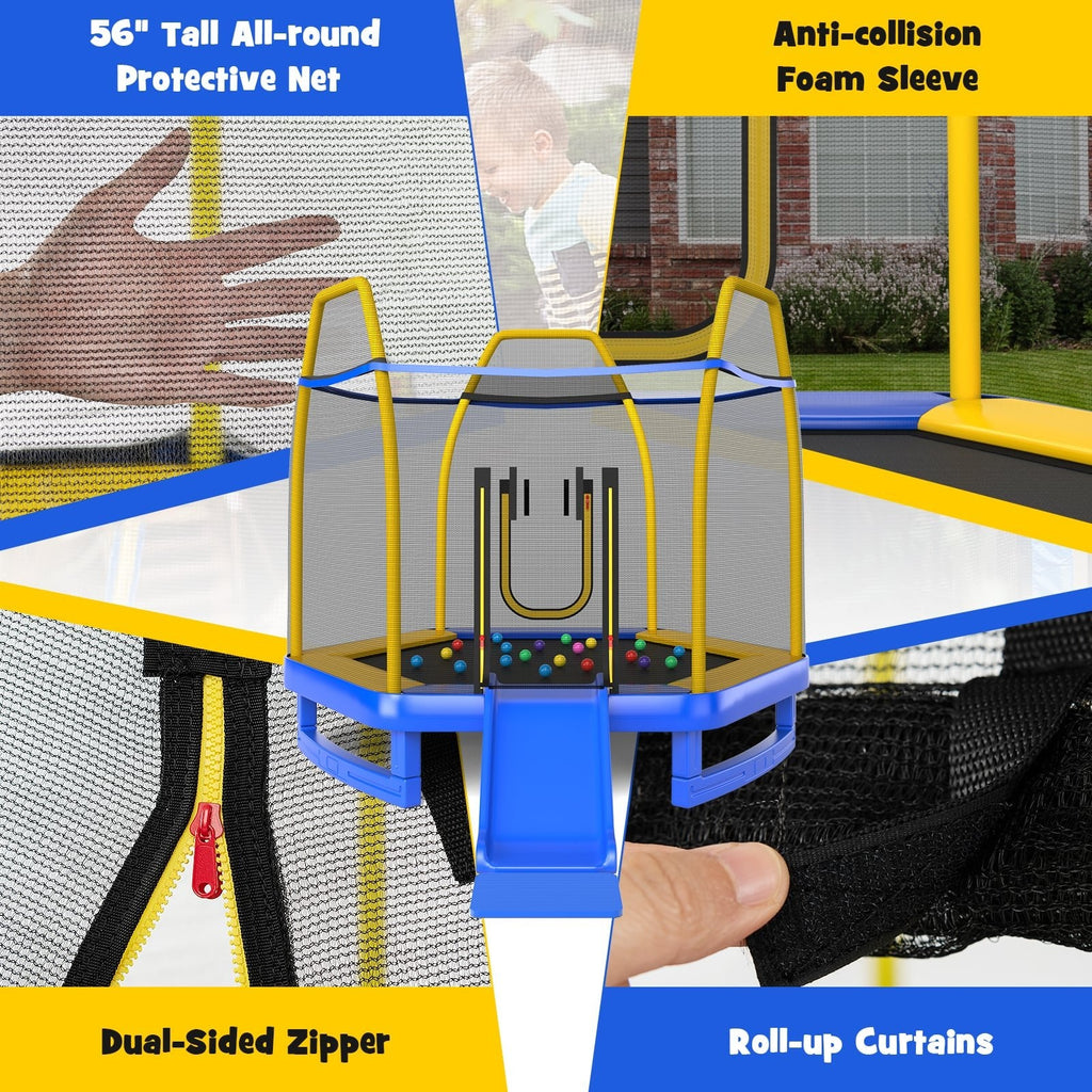 Trampolín de 7 pies con escalera y tobogán para interior y exterior-Azul