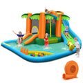 Parque acuático inflable con tobogán, piscina de bolas, pared de escalada y soplador de 750 W, con diseño de palmera