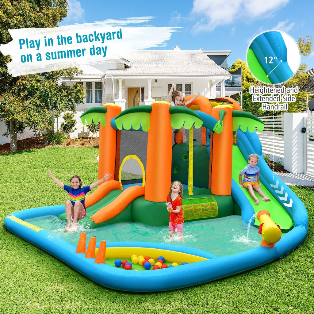 Parque acuático inflable con tobogán, piscina de bolas, pared de escalada y soplador de 750 W, con diseño de palmera