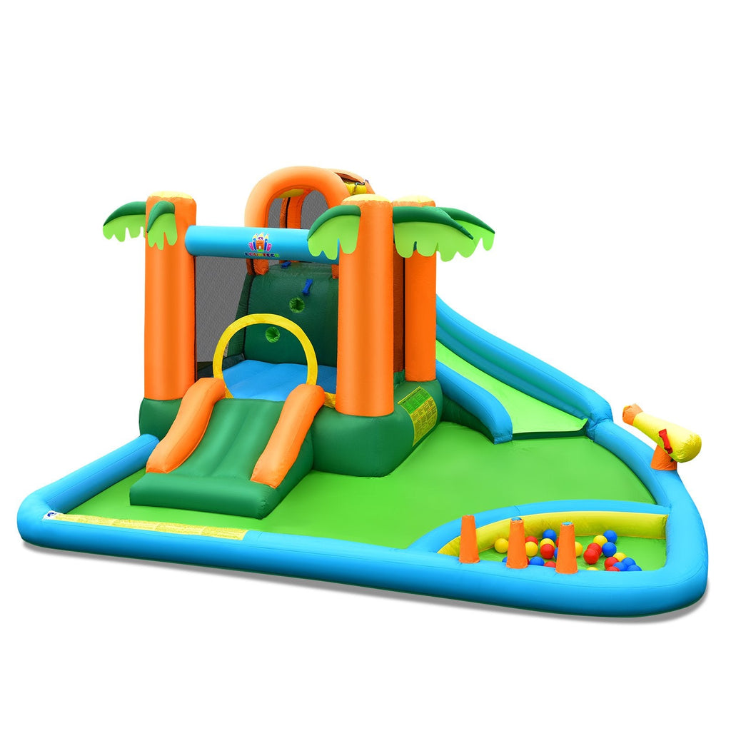 Parque acuático inflable con tobogán, piscina de bolas, pared de escalada y soplador de 750 W, con diseño de palmera