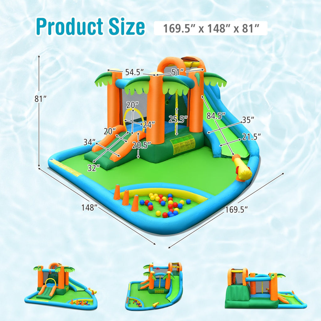 Parque acuático inflable con tobogán, piscina de bolas, pared de escalada y soplador de 750 W, con diseño de palmera