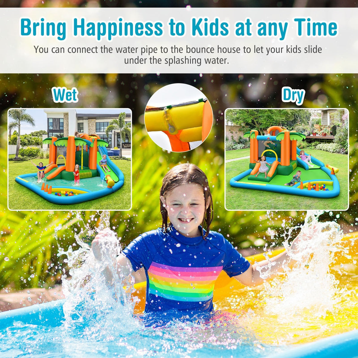 Parque acuático inflable con tobogán, piscina de bolas, pared de escalada y soplador de 750 W, con diseño de palmera