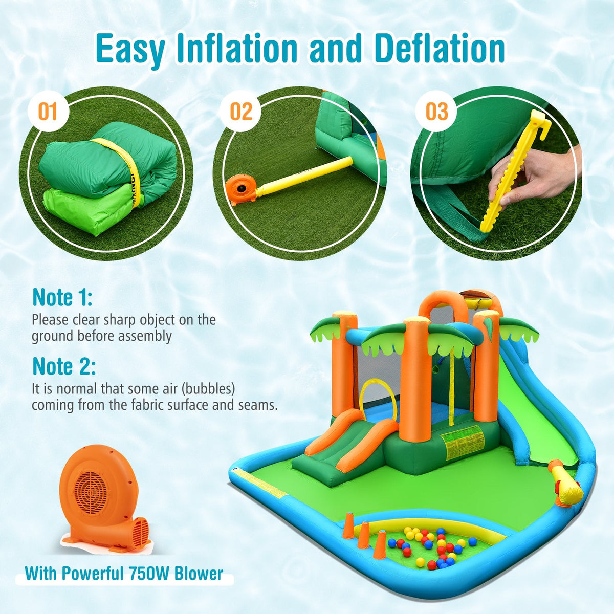 Parque acuático inflable con tobogán, piscina de bolas, pared de escalada y soplador de 750 W, con diseño de palmera