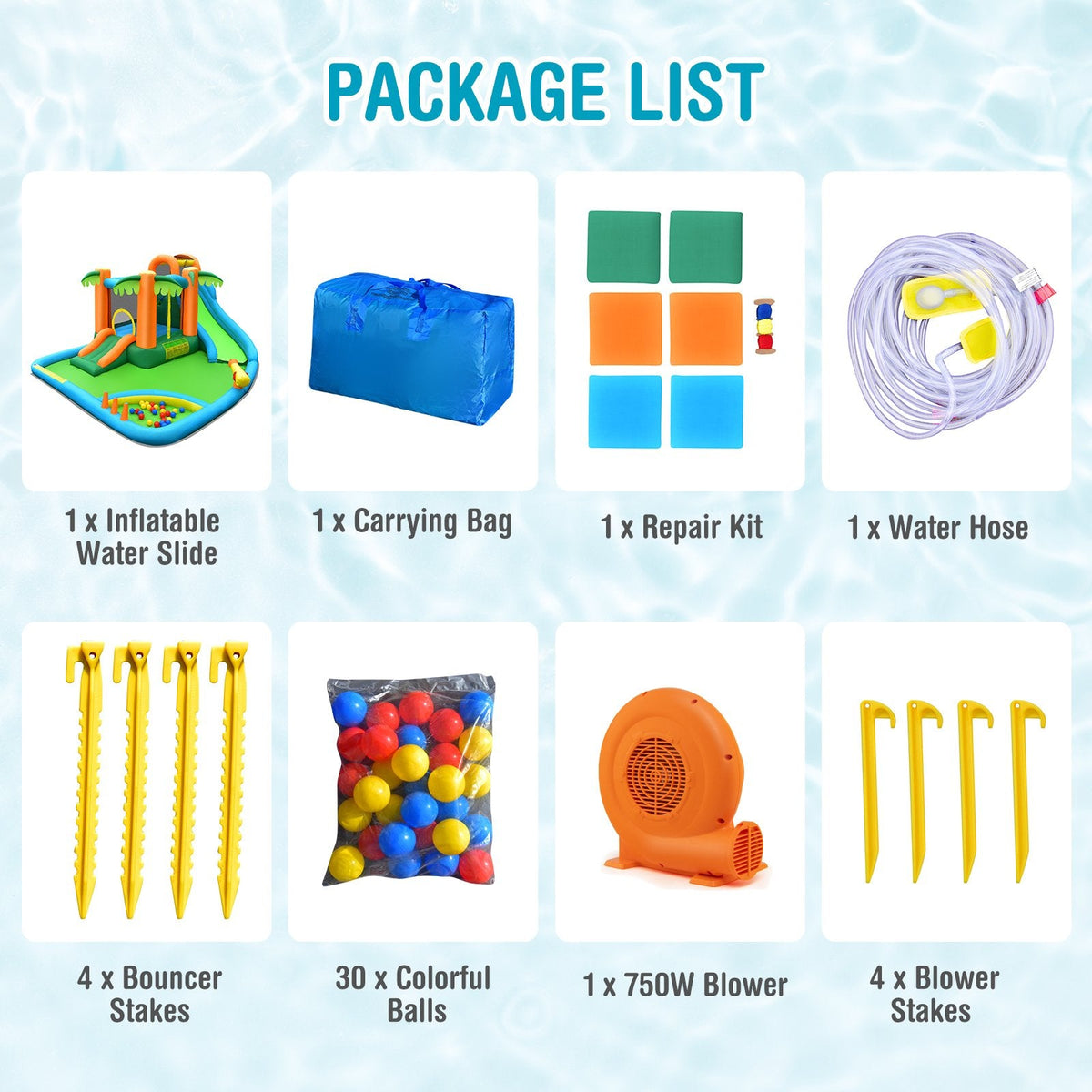 Parque acuático inflable con tobogán, piscina de bolas, pared de escalada y soplador de 750 W, con diseño de palmera