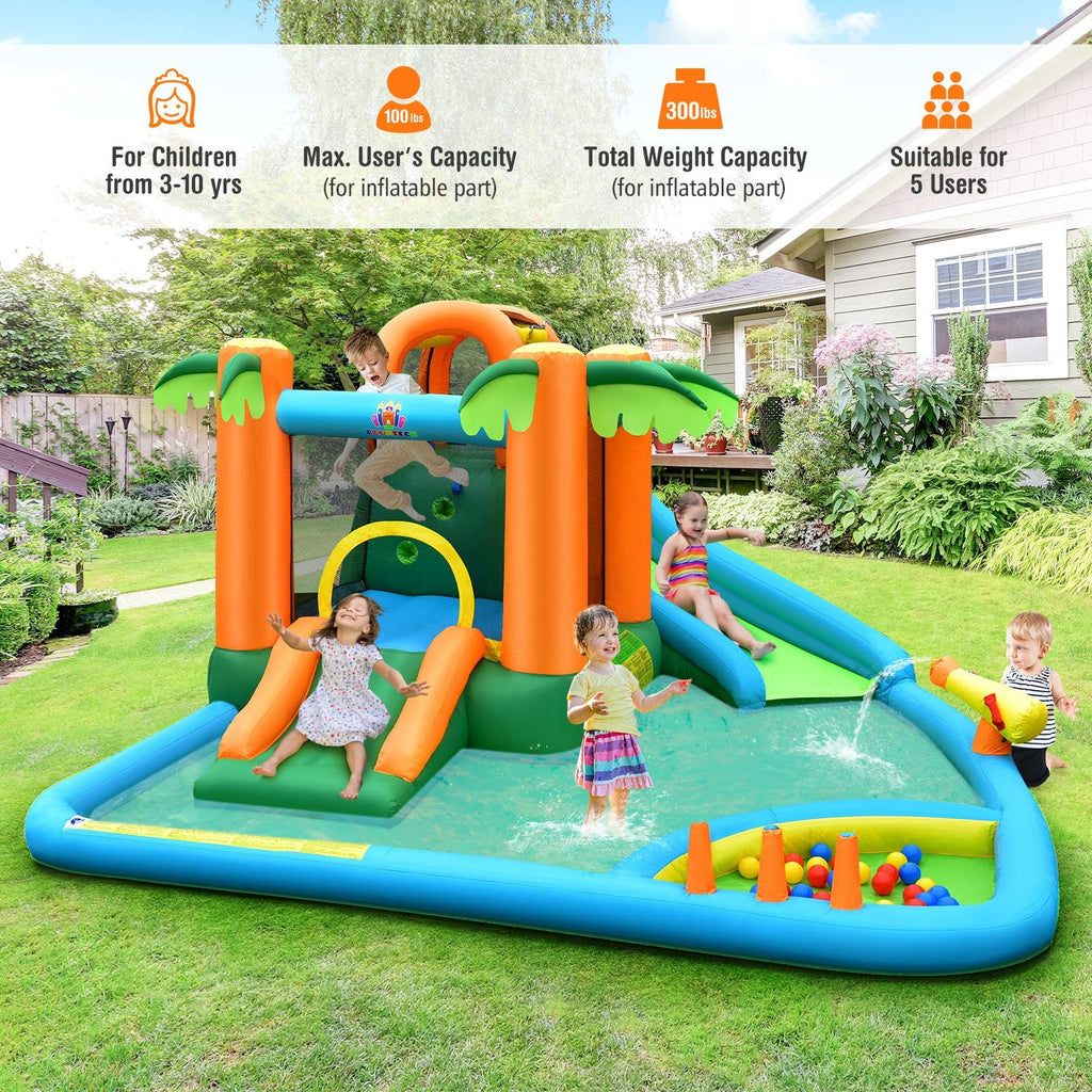 Parque acuático inflable con tobogán, piscina de bolas, pared de escalada y soplador de 750 W, con diseño de palmera