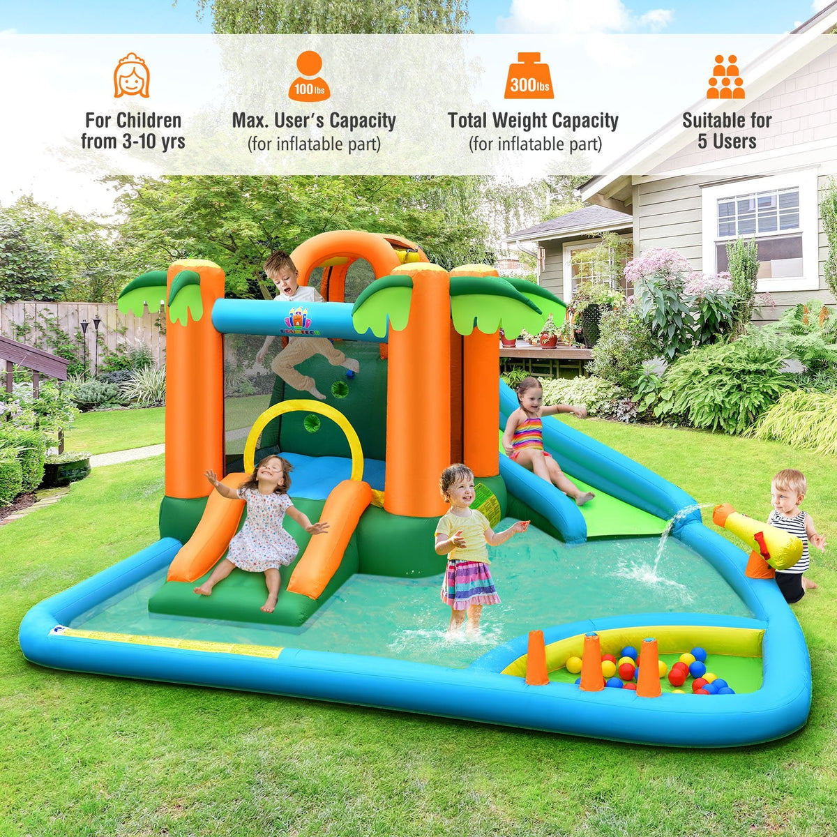 Parque acuático inflable con tobogán, piscina de bolas, pared de escalada y soplador de 750 W, con diseño de palmera