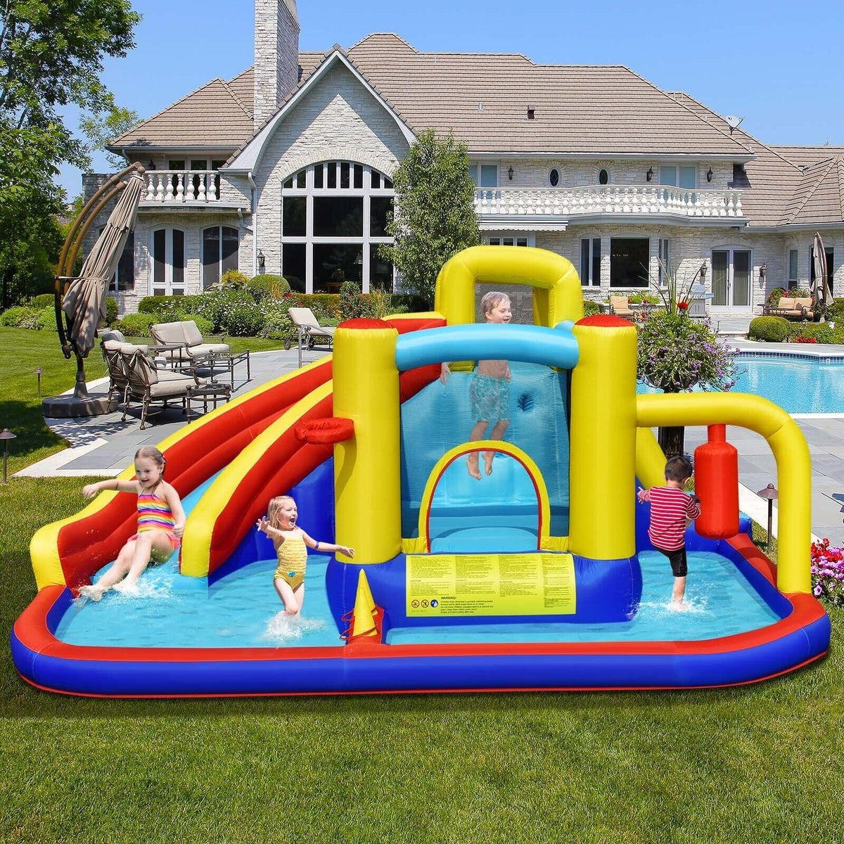 7-in-1 Inflatable Water Slide Park with Splash Pool and 735W Air Blower, Ages 3 to 12