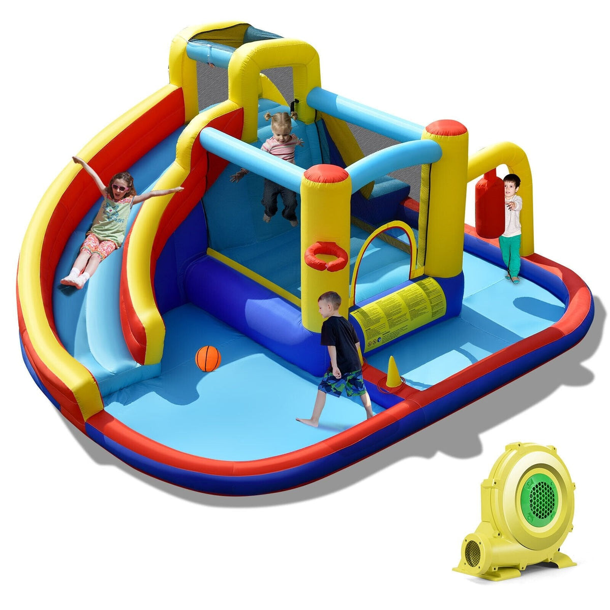 7-in-1 Inflatable Water Slide Park with Splash Pool and 735W Air Blower, Ages 3 to 12