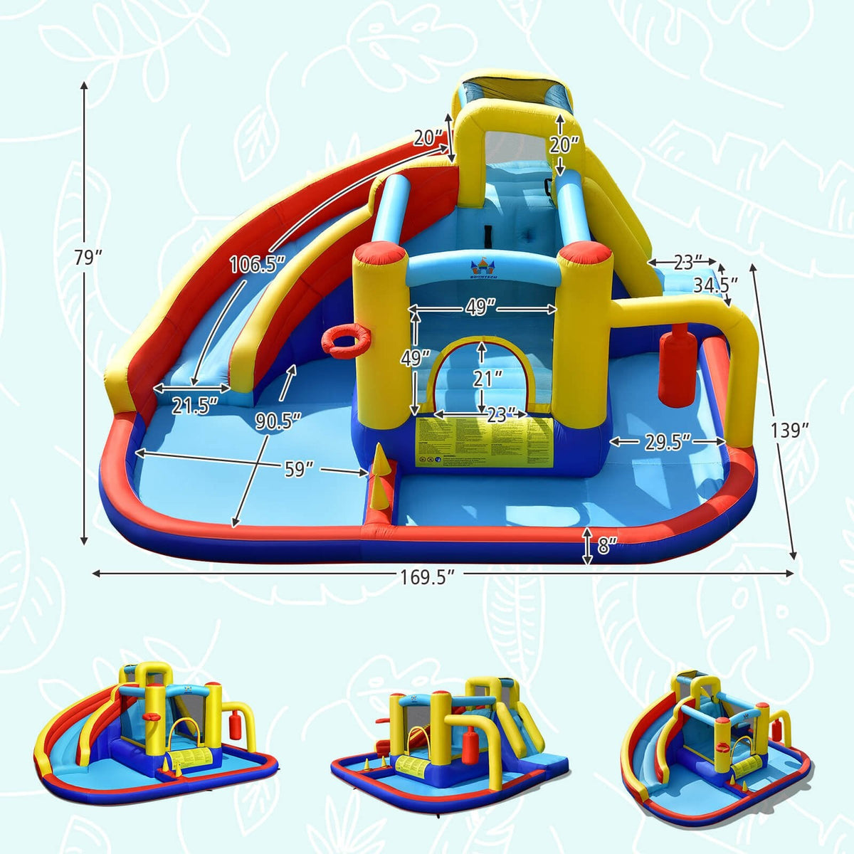 7-in-1 Inflatable Water Slide Park with Splash Pool and 735W Air Blower, Ages 3 to 12