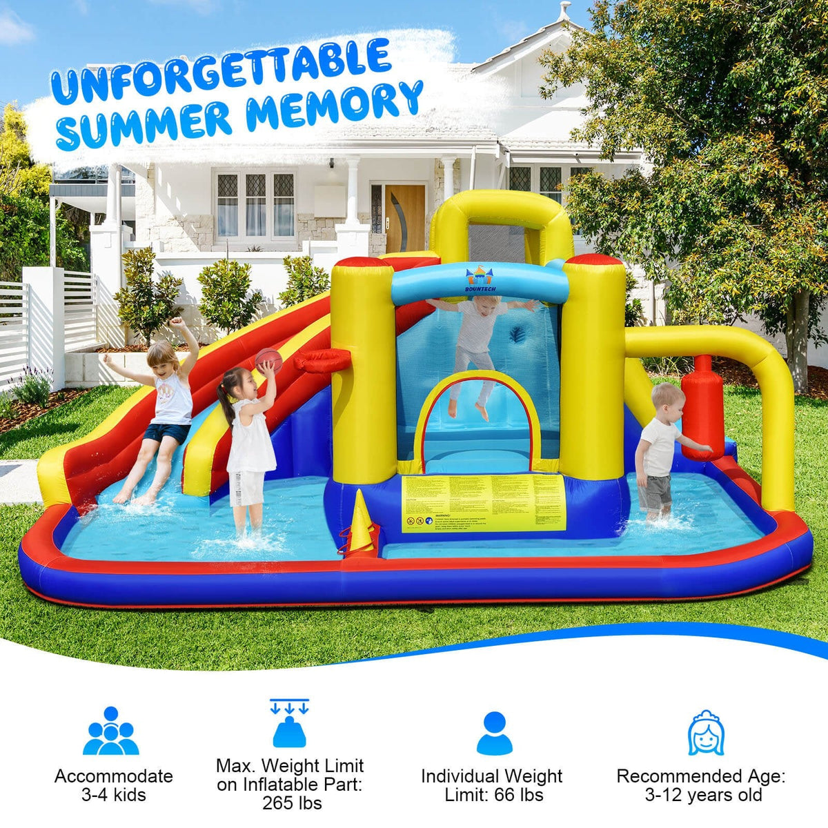7-in-1 Inflatable Water Slide Park with Splash Pool and 735W Air Blower, Ages 3 to 12