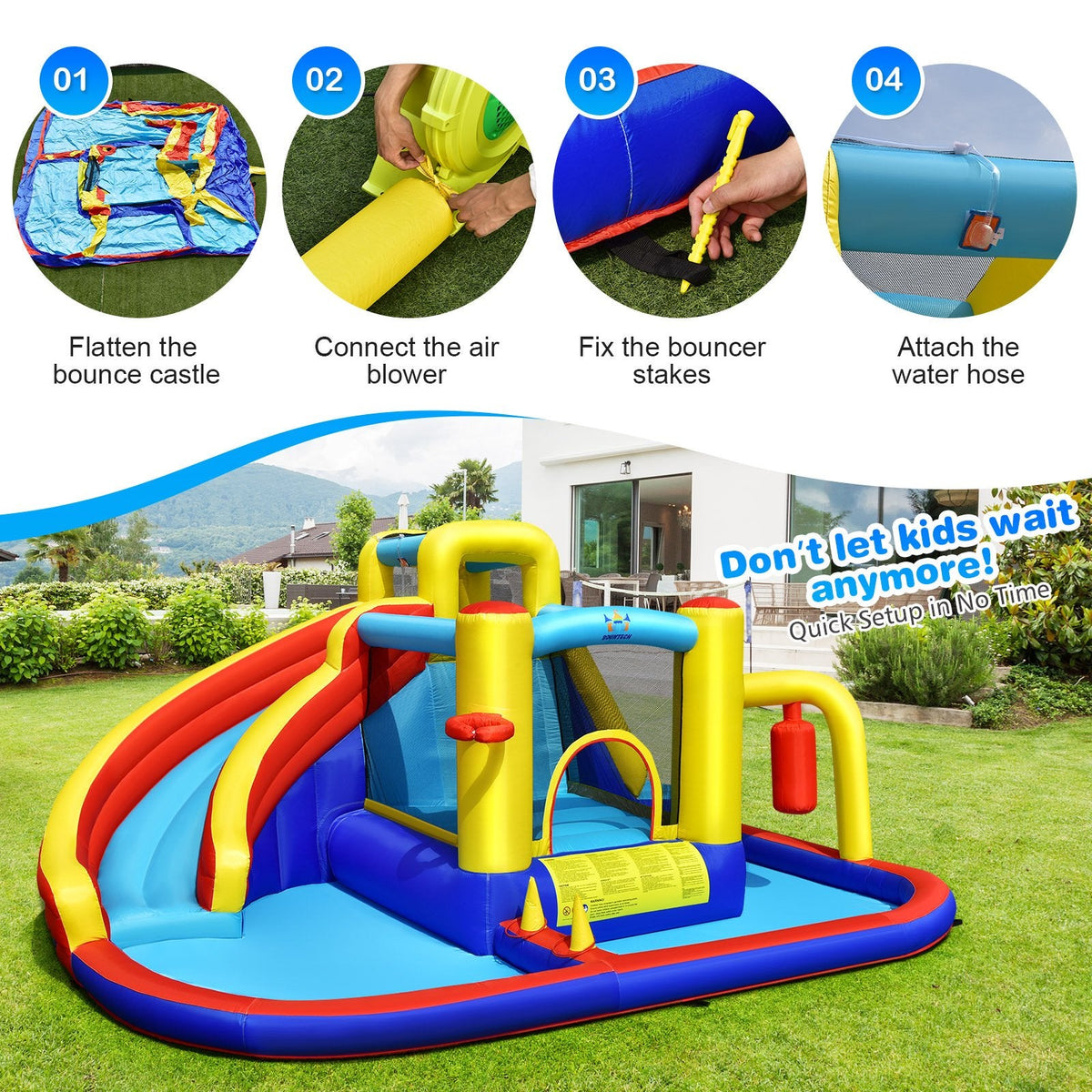7-in-1 Inflatable Water Slide Park with Splash Pool and 735W Air Blower, Ages 3 to 12