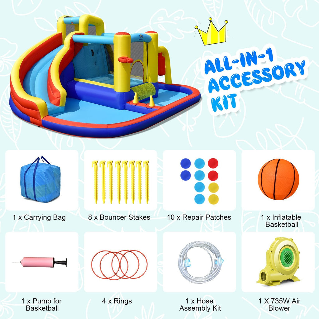 7-in-1 Inflatable Water Slide Park with Splash Pool and 735W Air Blower, Ages 3 to 12