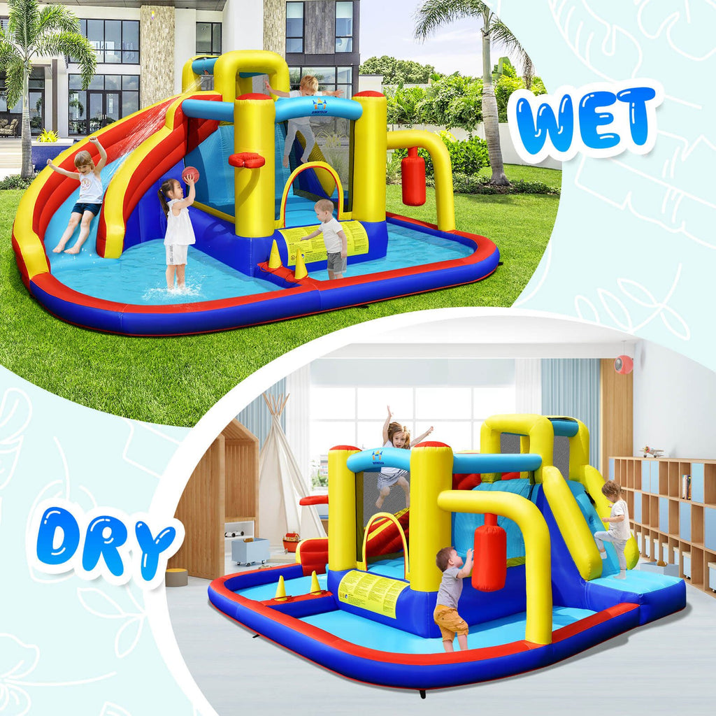 7-in-1 Inflatable Water Slide Park with Splash Pool and 735W Air Blower, Ages 3 to 12