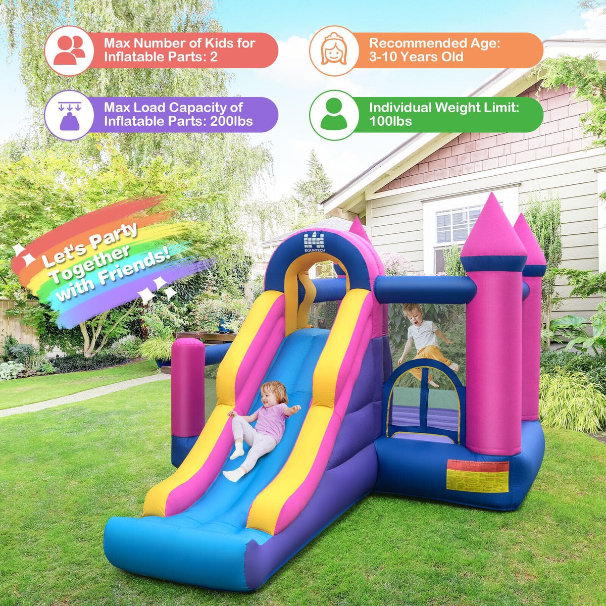 Château gonflable 7-en-1 pour enfants avec long toboggan et souffleur de 735W