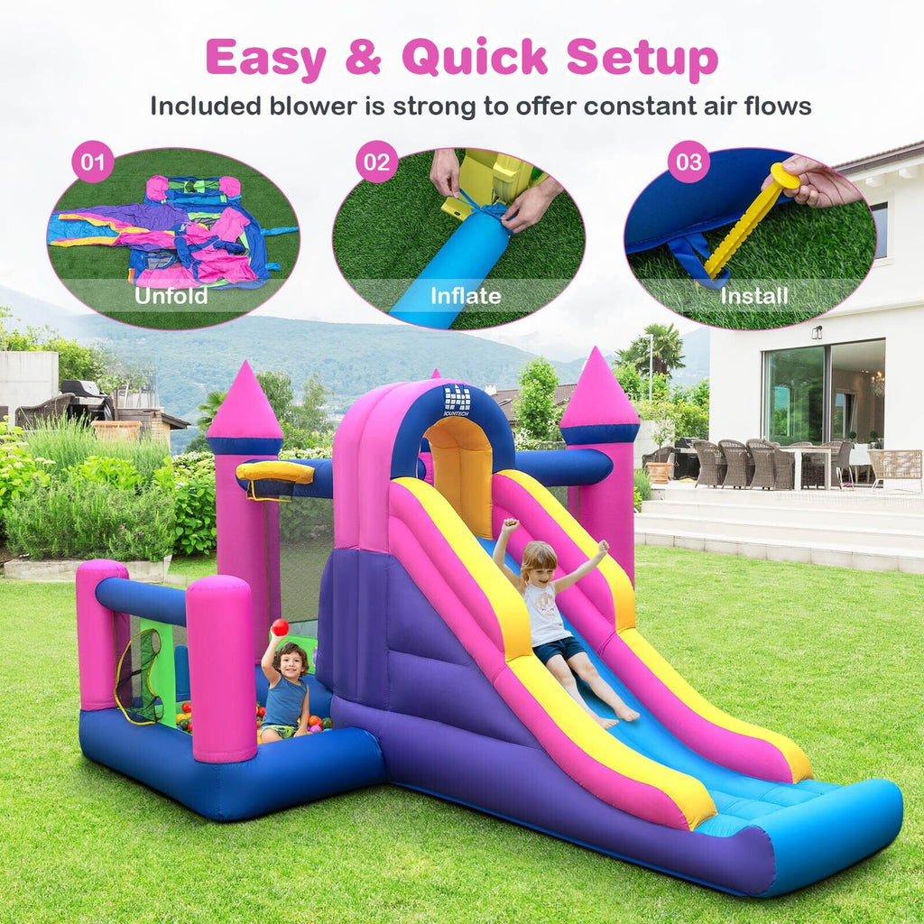 Château gonflable 7-en-1 pour enfants avec long toboggan et souffleur de 735W