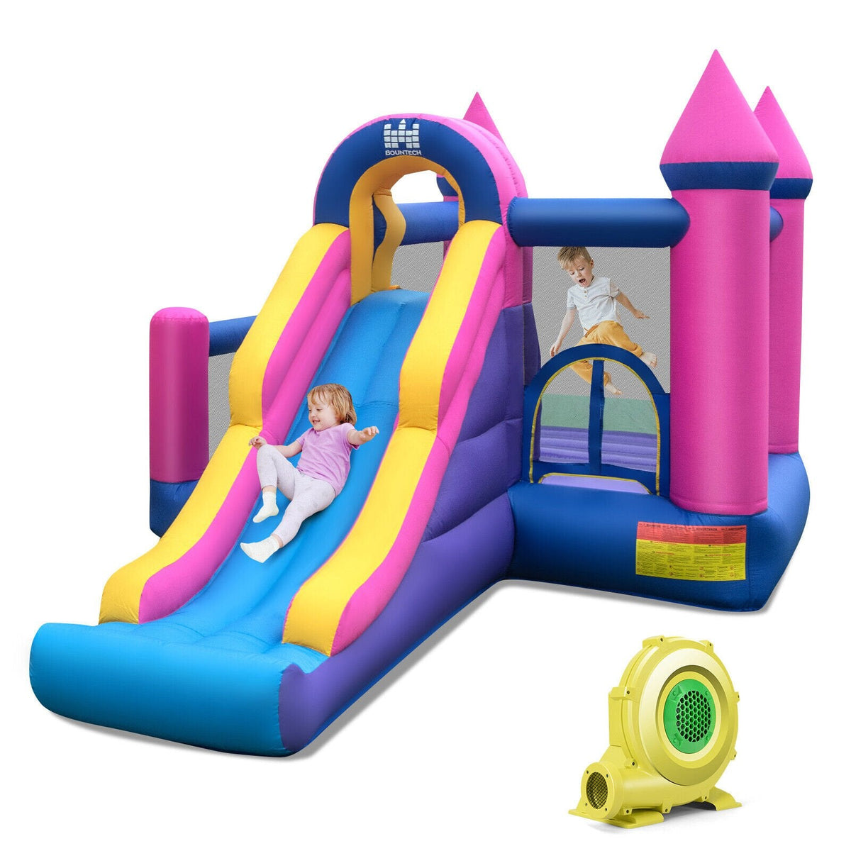 Château gonflable 7-en-1 pour enfants avec long toboggan et souffleur de 735W