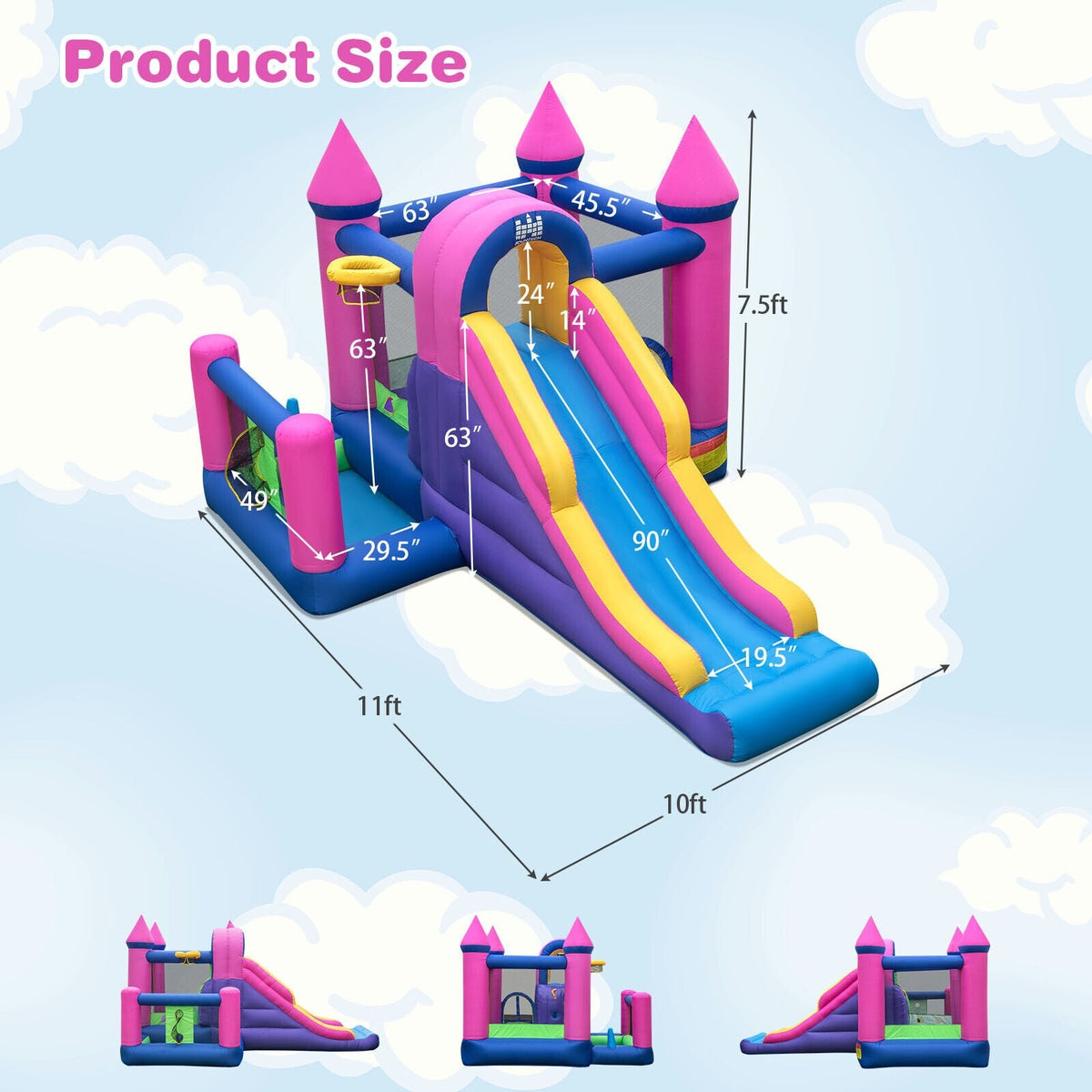 Château gonflable 7-en-1 pour enfants avec long toboggan et souffleur de 735W