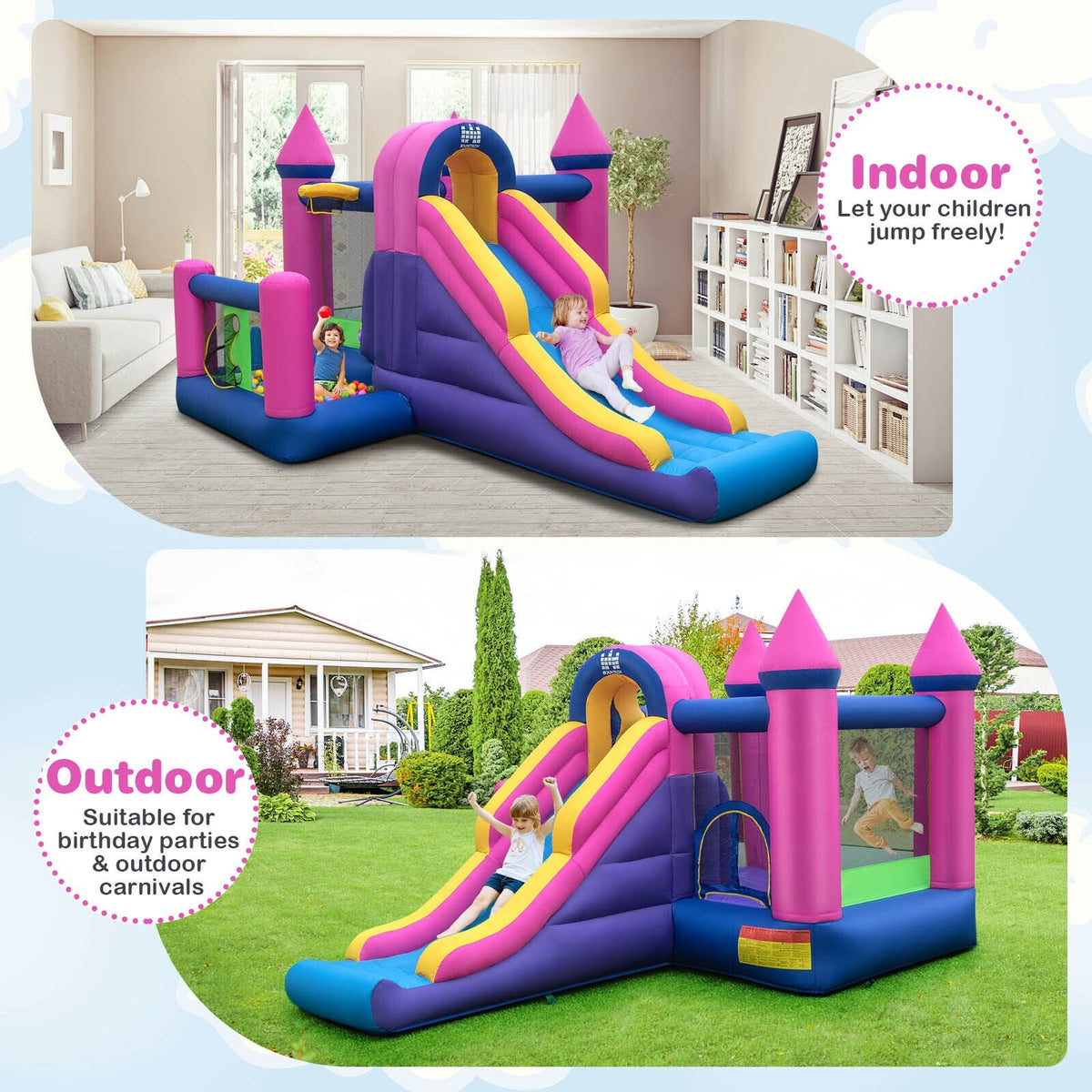 Château gonflable 7-en-1 pour enfants avec long toboggan et souffleur de 735W