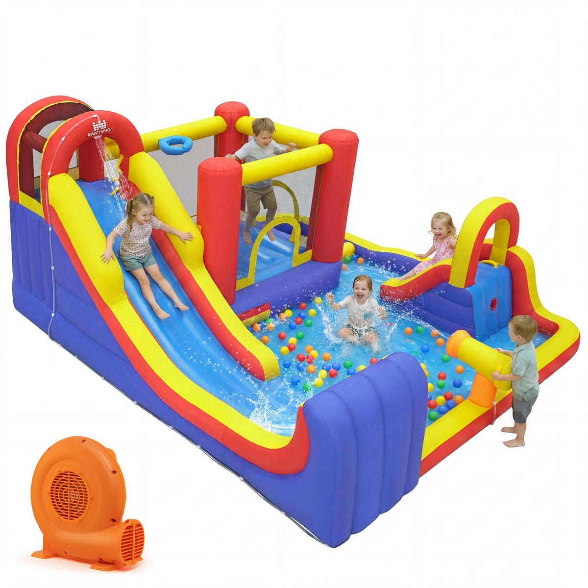 Aufblasbarer 7-in-1-Wasserpark mit Surf-Rutsche, Planschbecken und 750-W-Gebläse
