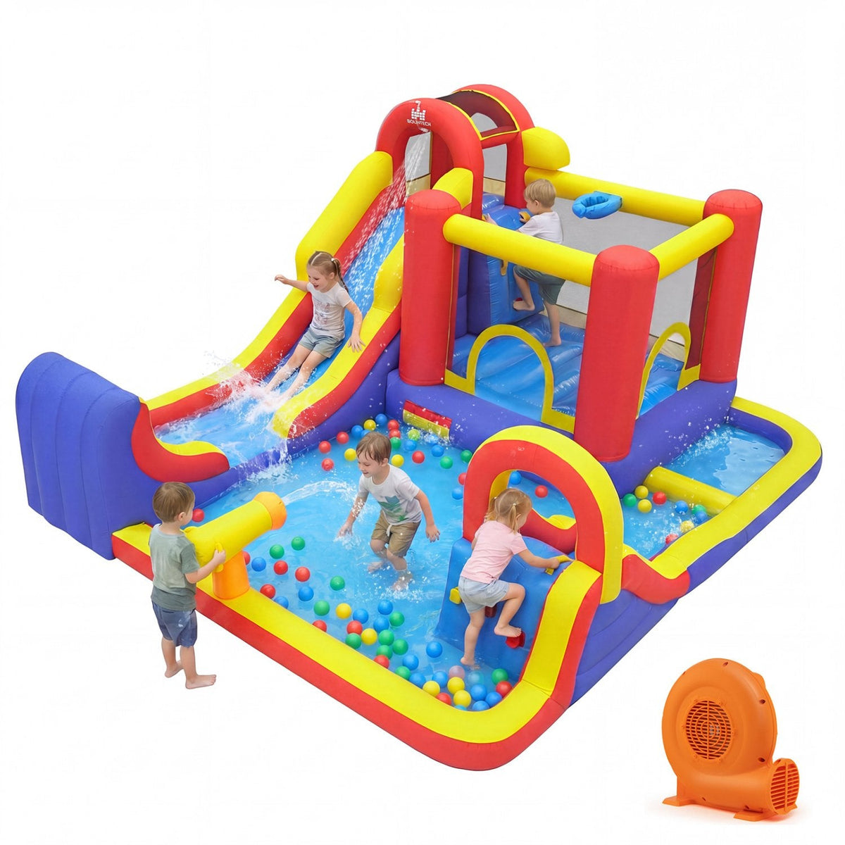 Aufblasbarer 7-in-1-Wasserpark mit Surf-Rutsche, Planschbecken und 750-W-Gebläse