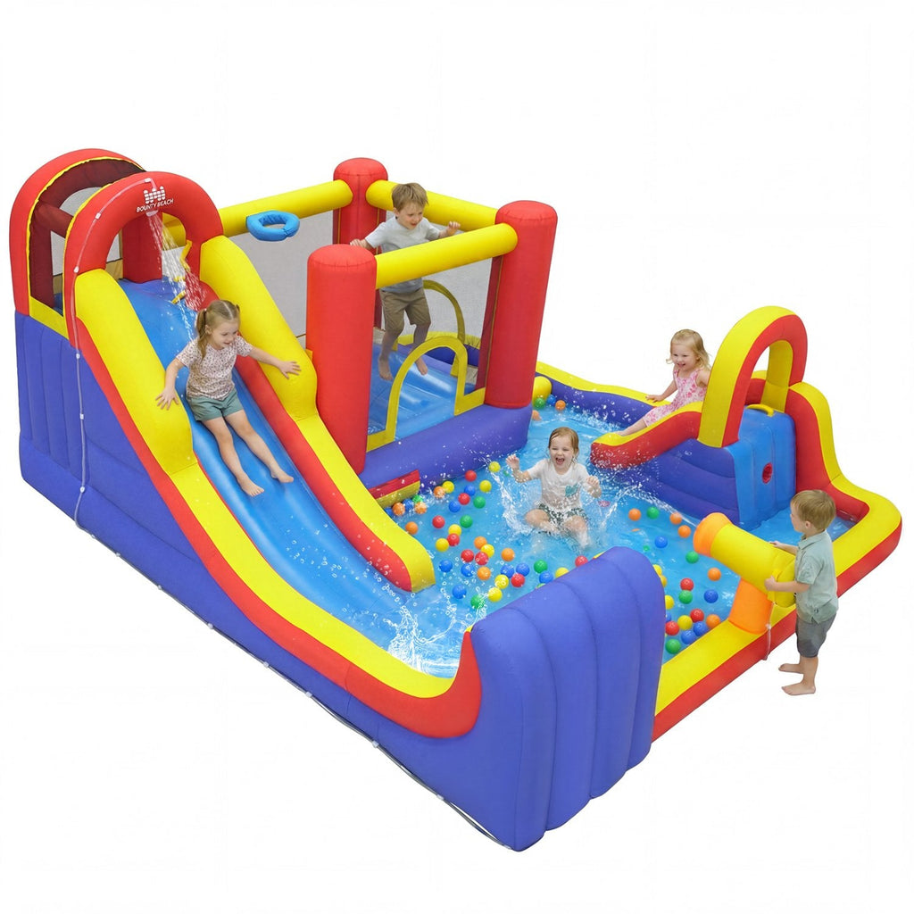 Castillo hinchable 7 en 1 para exteriores con dos toboganes, piscina infantil y pared de escalada